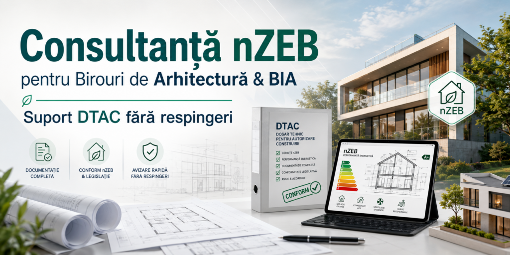 Consultanță nZEB pentru Birouri de Arhitectură & BIA — Suport DTAC fără respingeri