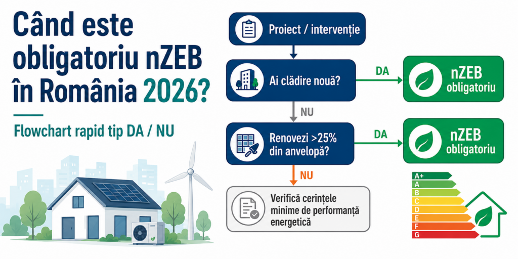 Cand este obligatoriu nZEB in Romania 2026 — matricea completa pe tipuri de cladiri