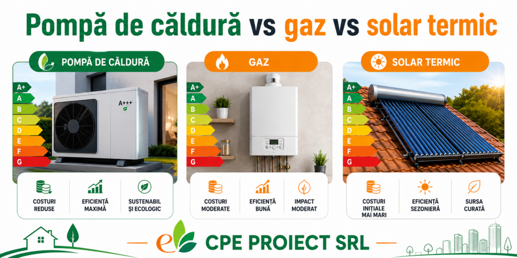 Pompă de căldură vs gaz vs solar termic pentru nZEB — comparativ tehnic și economic 2026