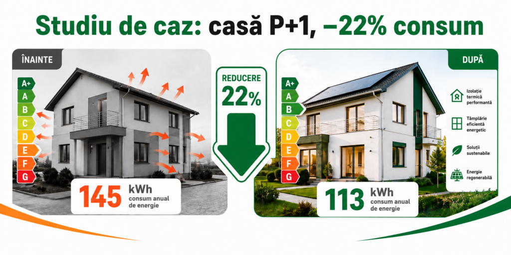 Studiu de caz: casă P+1 — reducere de 22% a consumului specific prin renovare